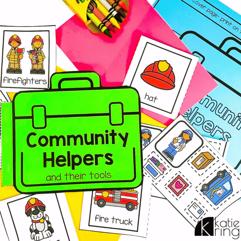 In this photo, there are a variety of activities focused on community helpers like firefighters. There is a community helpers craft, and vocabulary cards.