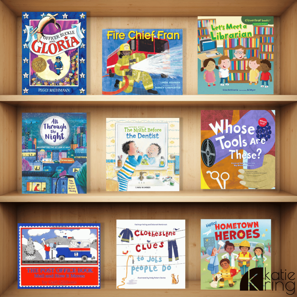 This image shows a variety of read alouds that focus on community helpers like police officers, firemen and librarians. Titles include books like "Officer Buckle and Gloria", "Fire Chief Fran" and "Whose Tools are These?"
