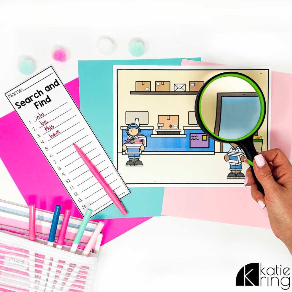 In this image, there is a "Search and Find" style activity and a person using a magnifying glass to help them complete the activity.