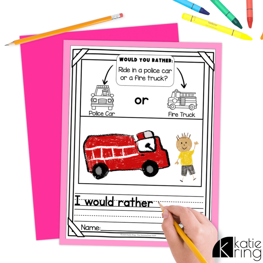 This image shows a student responding to a community helpers writing prompt that says, "Would you rather ride in a police car or a fire truck?"