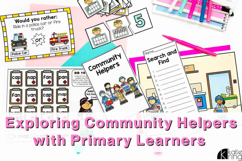 This image includes the text "Exploring Community Helpers with Primary Learners" as well as various community helper activities. Activities include things like writing prompts, a nonfiction reader and a search and find activity that can be used to help students learn all about helpers like policemen, firefighters, mailmen and more!