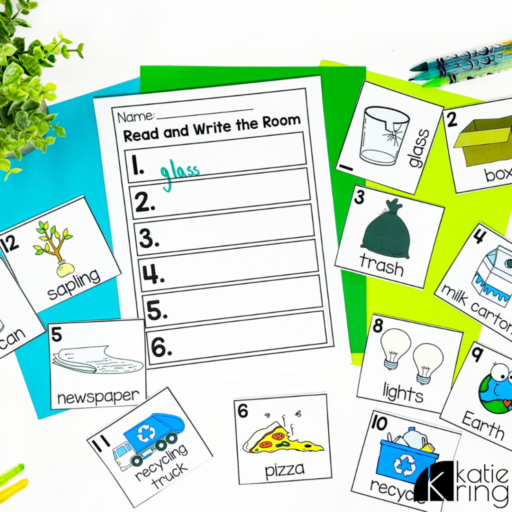 This image shows a read and write the room Earth Day activity than can be used to celebrate Earth Day in Kindergarten and First grade Classrooms.